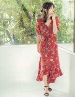 バックロングウエストリボンカシュクール花柄ワンピース