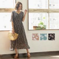 5分袖花柄シフォンワンピース [E2066]