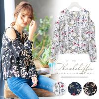 ヘルシーな肌見せで1枚でグッと華やかに決まる！ショルダーカット☆花柄シフォンスキッパーシャツブラウストップス[C2632]