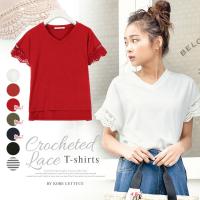 袖クロシェレースVネックTシャツ