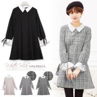 ≪プライスダウン★クリアランスセール!!≫Ladyライクな袖フリルとリボンがCUTE！シャツドッキングワンピース[E1768]